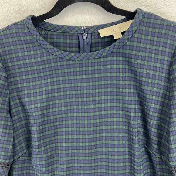 Loft Dress Women’s Size 6 Blue/Green Plaid Fun Sleeve Detail Poly/Rayon/Spandex - Picture 4 of 12